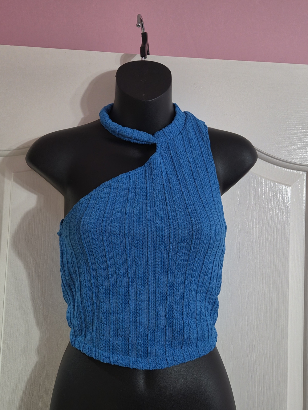 Zara Teal-Blue One-Shoulder Ribbed Crop Top